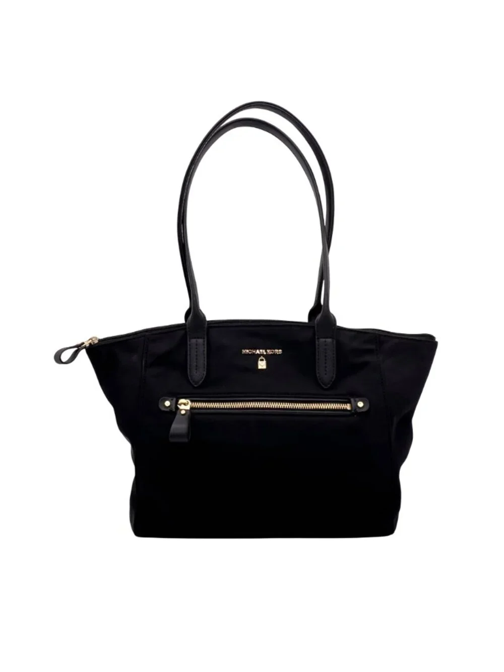 Michael Kors Kelsey Black Medium Nylon Zip Tote Gold Accents & Shoulder Straps